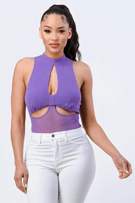 LUXE MOCK NECK KEYHOLES MESH BODYSUIT sold by privy