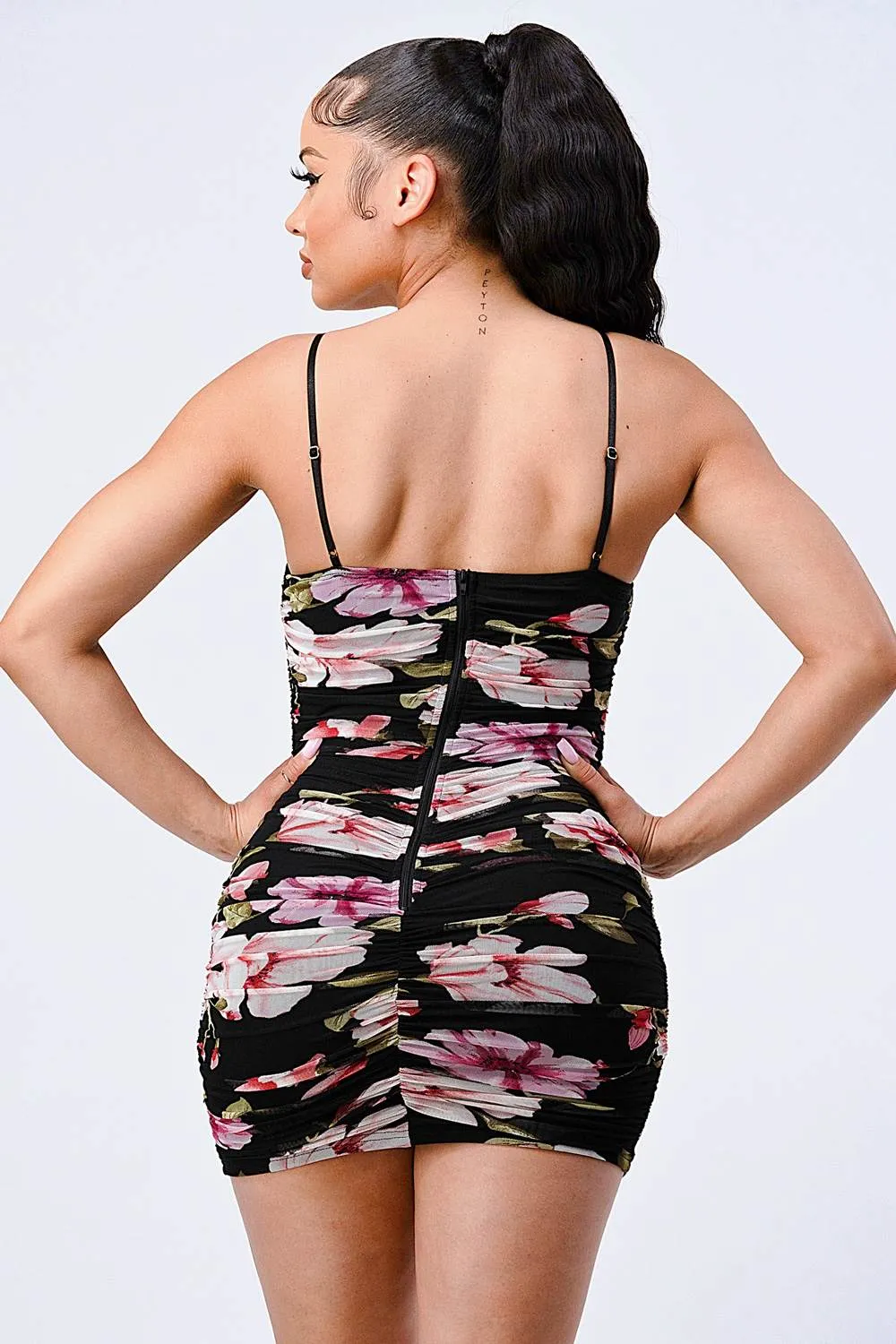 PD72478N-W / FLORAL MESH CONTRAST RUCHED BODYCON MINI DRESS sold by privy product image thumbnail 3