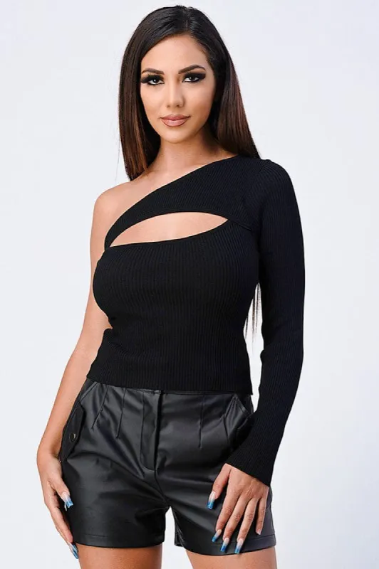 TRENDY BASICS RIBBED ONE SHOULDER CUT-OUT TOP sold by privy