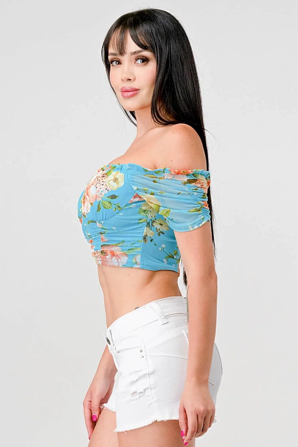FLORAL MESH PRINT SWEETHEART RUFFLED RUCHED TOP sold by privy product image thumbnail 3