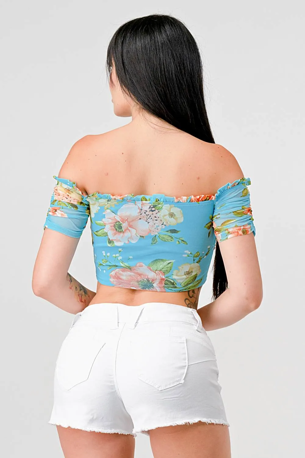 FLORAL MESH PRINT SWEETHEART RUFFLED RUCHED TOP sold by privy product image thumbnail 4