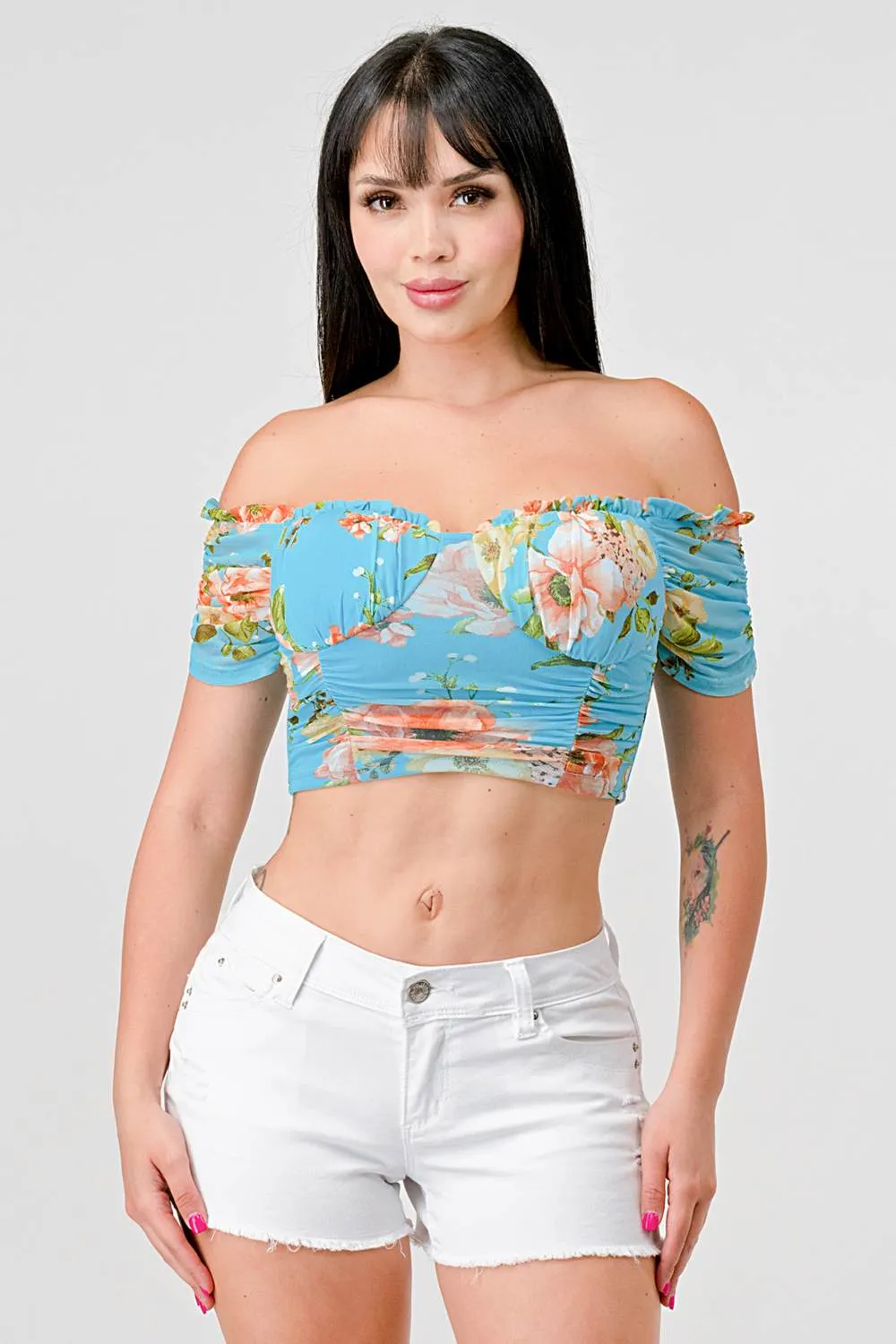 FLORAL MESH PRINT SWEETHEART RUFFLED RUCHED TOP sold by privy