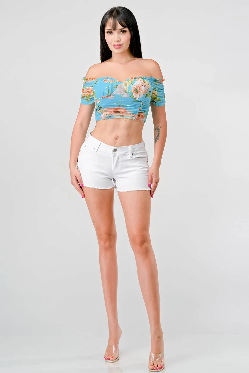 FLORAL MESH PRINT SWEETHEART RUFFLED RUCHED TOP sold by privy product image thumbnail 5
