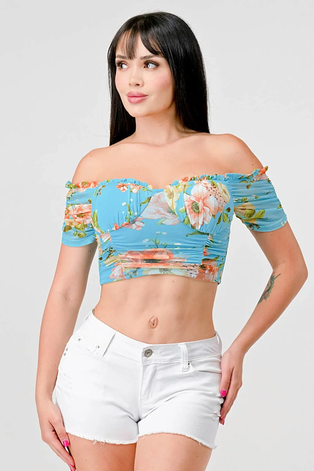 FLORAL MESH PRINT SWEETHEART RUFFLED RUCHED TOP sold by privy product image thumbnail 2