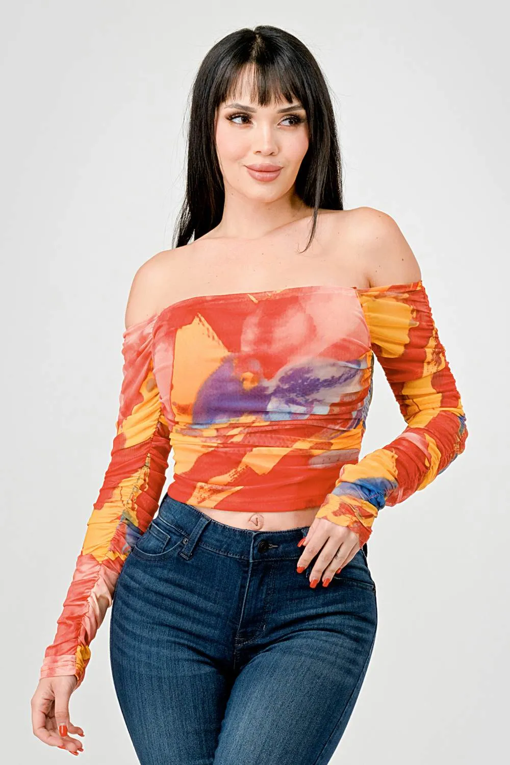 SEXY ABSTRACT PRINT MESH OFF SHOULDER CROPPED TOP sold by privy product image thumbnail 2