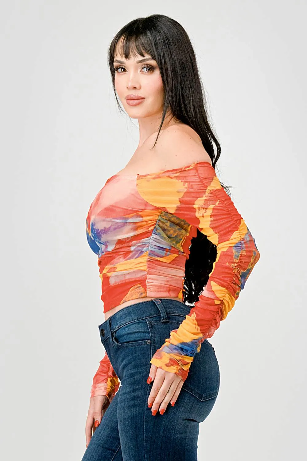 SEXY ABSTRACT PRINT MESH OFF SHOULDER CROPPED TOP sold by privy product image thumbnail 3