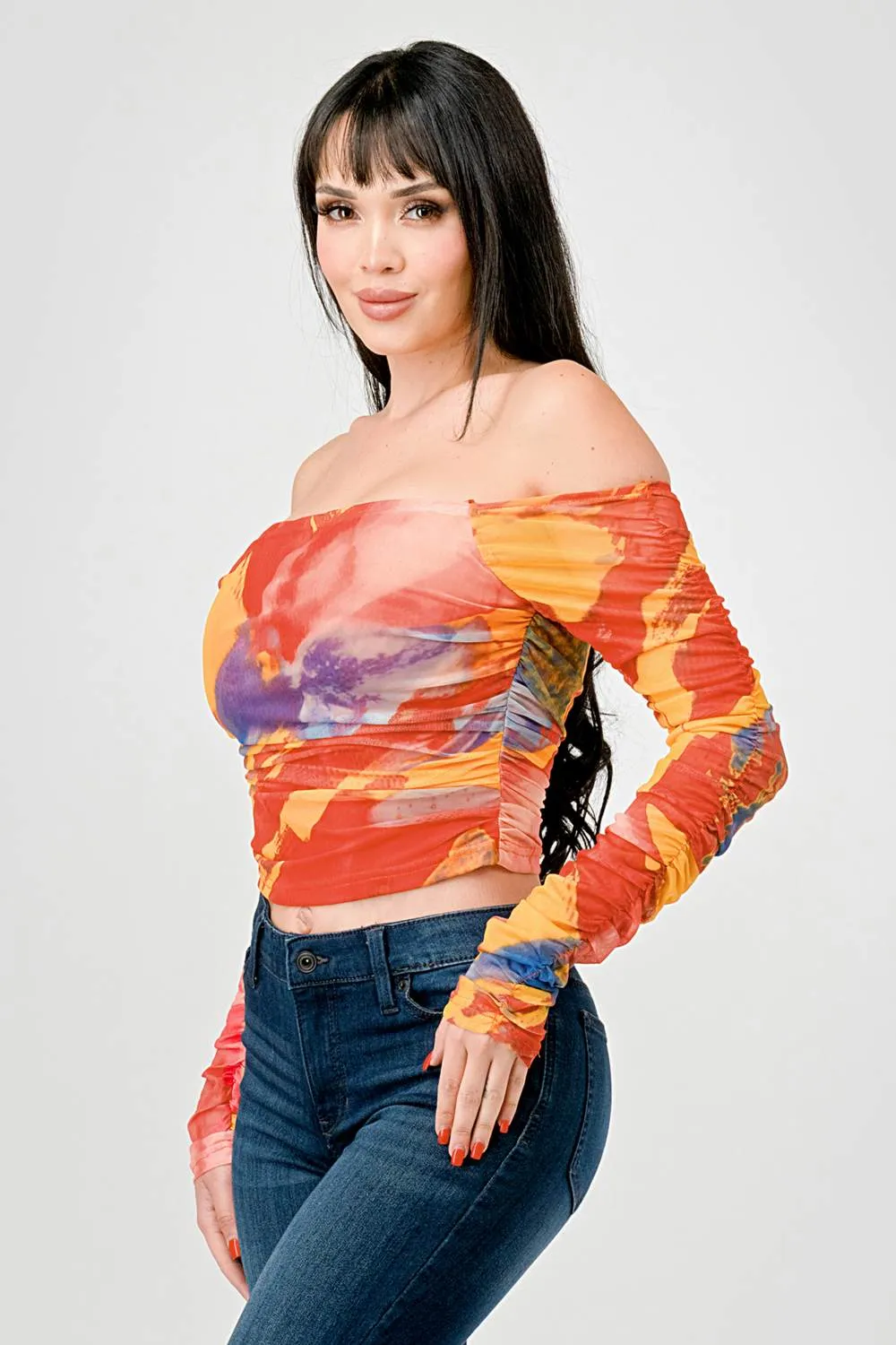 SEXY ABSTRACT PRINT MESH OFF SHOULDER CROPPED TOP sold by privy