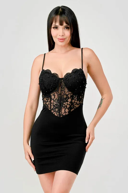 LUXE LACE TRIM SEE-THRU CONTRAST PEARL MINI DRESS sold by privy
