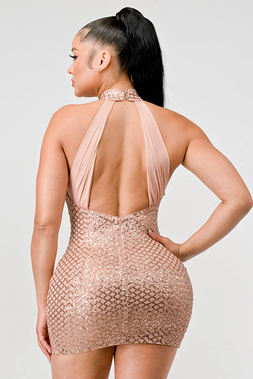 LUX SEQUINS HALTER OPEN BACK BODYCON MINI DRESS sold by privy product image thumbnail 3