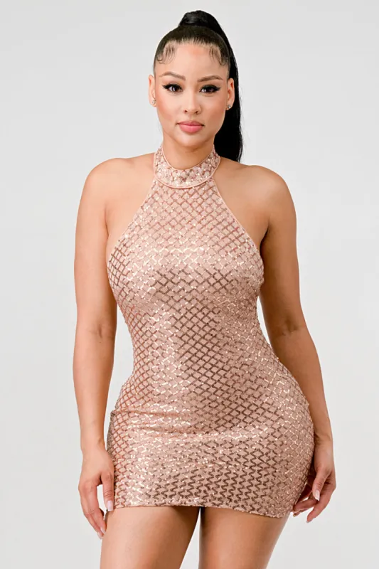 LUX SEQUINS HALTER OPEN BACK BODYCON MINI DRESS sold by privy