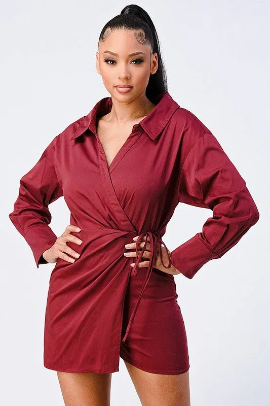 CHIC COLLARED WRAP-TIE LONG SLEEVE ROMPER sold by privy