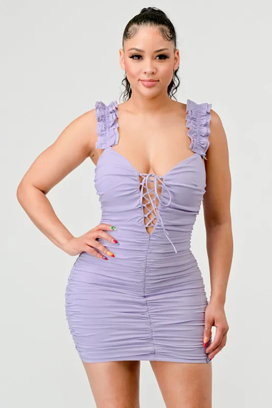 STRETCH POPLIN RUFFLED LACE UP RUCHED MINI DRESS sold by privy