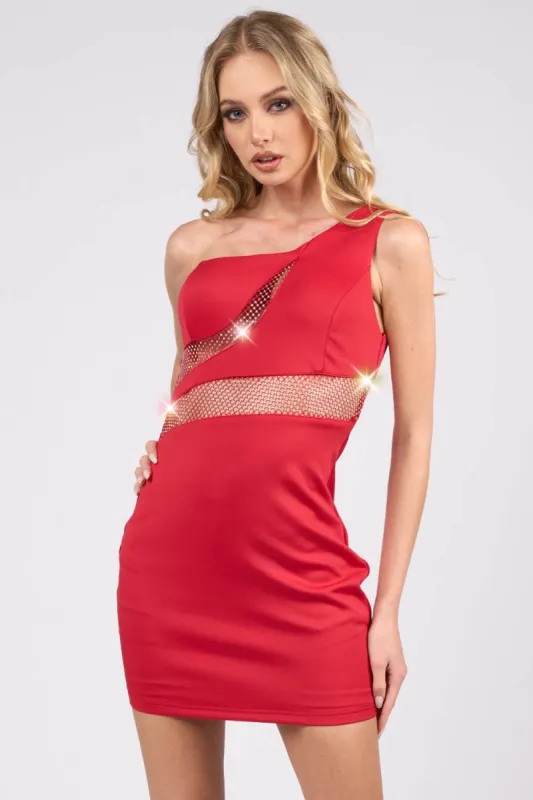LUX RHINESTONE NET CUTOUTS ONE SHOULDER MINI DRESS sold by privy