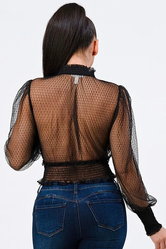 LUXE POLKA DOT MESH RUFFLED MOCK NECK BLOUSE TOP sold by privy product image thumbnail 3