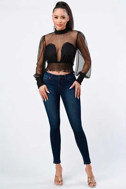 LUXE POLKA DOT MESH RUFFLED MOCK NECK BLOUSE TOP sold by privy product image thumbnail 4