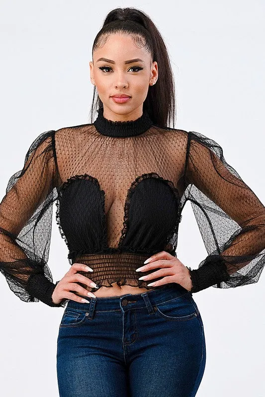 LUXE POLKA DOT MESH RUFFLED MOCK NECK BLOUSE TOP sold by privy