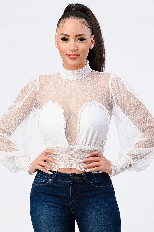 LUXE POLKA DOT MESH RUFFLED MOCK NECK BLOUSE TOP sold by privy product image thumbnail 5