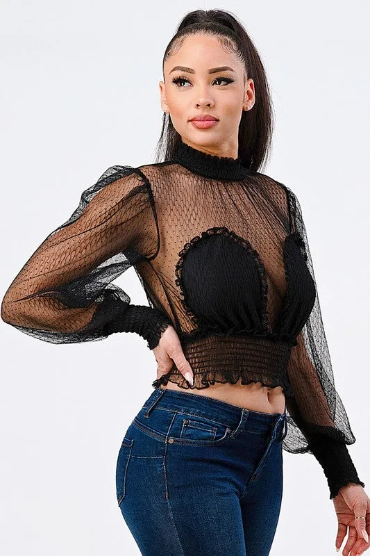 LUXE POLKA DOT MESH RUFFLED MOCK NECK BLOUSE TOP sold by privy product image thumbnail 2