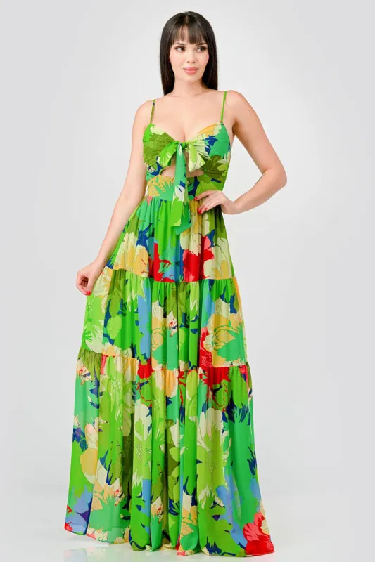 TROPICAL FLORAL PRINT CHIFFON TIERED MAXI DRESS sold by privy