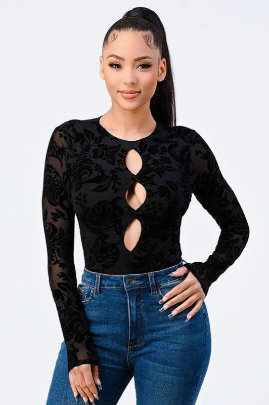 CLASSIC FLORAL FLOCKING PRINT BODYSUIT sold by privy