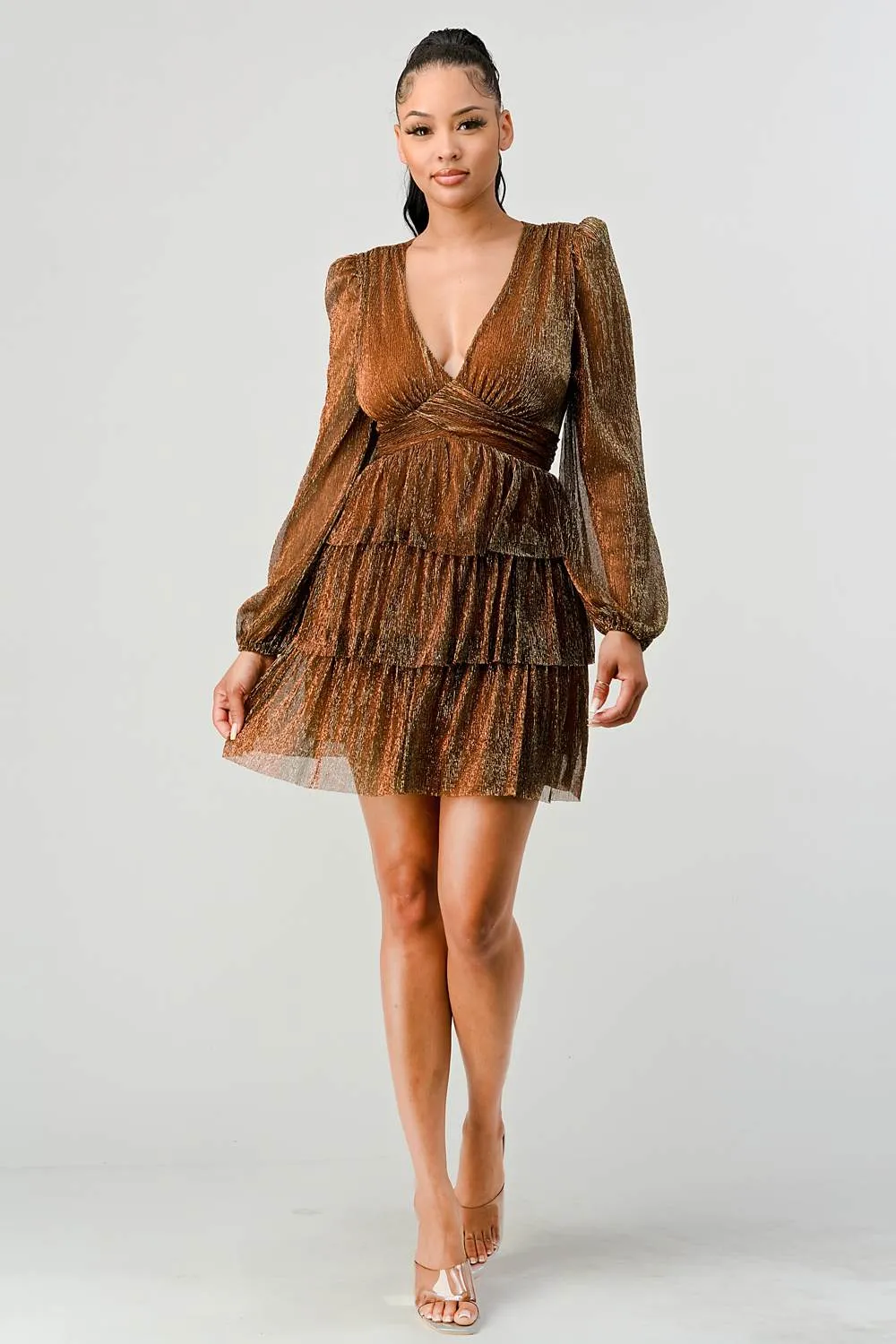 LUX FANTASY GLITTER DEEP V-NECK RUFFLED TIERED MINI DRESS sold by privy product image thumbnail 4