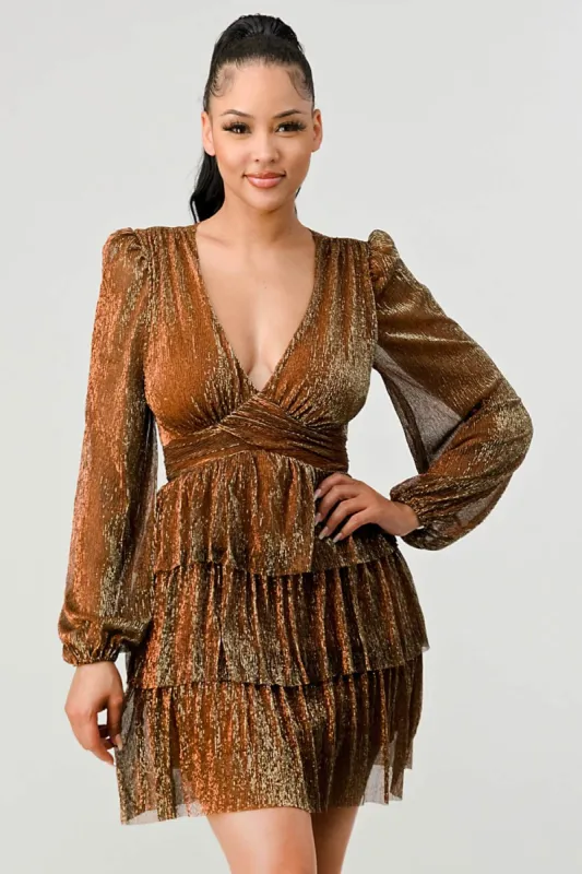LUX FANTASY GLITTER DEEP V-NECK RUFFLED TIERED MINI DRESS sold by privy