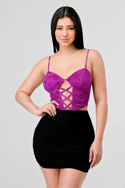 SEXY VELVET CRISS CROSS FRONT FLORAL CROP TOP sold by privy