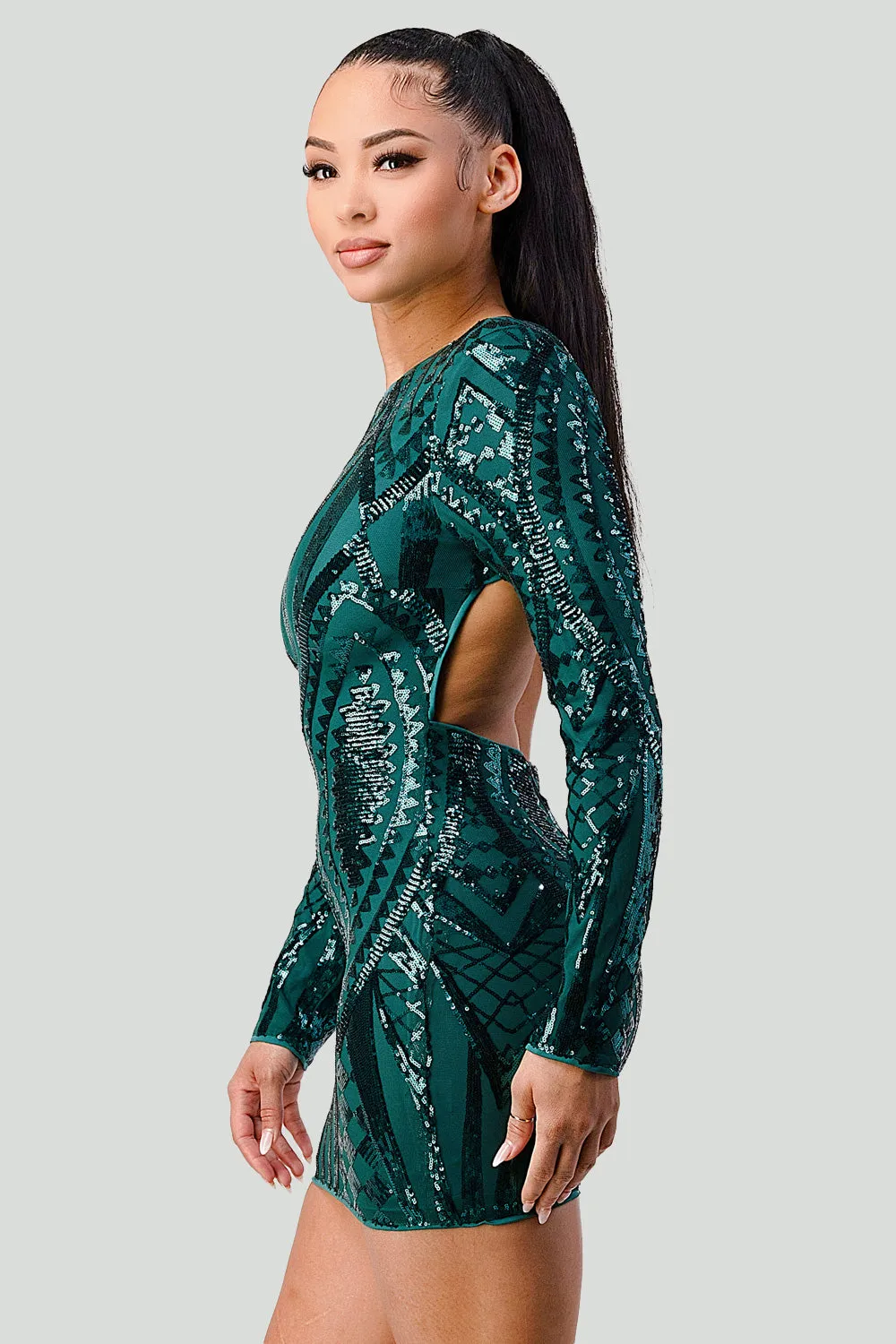 LUXE SEQUINS OPEN BACK LONG SLEEVES BODYCON DRESS sold by privy product image thumbnail 3