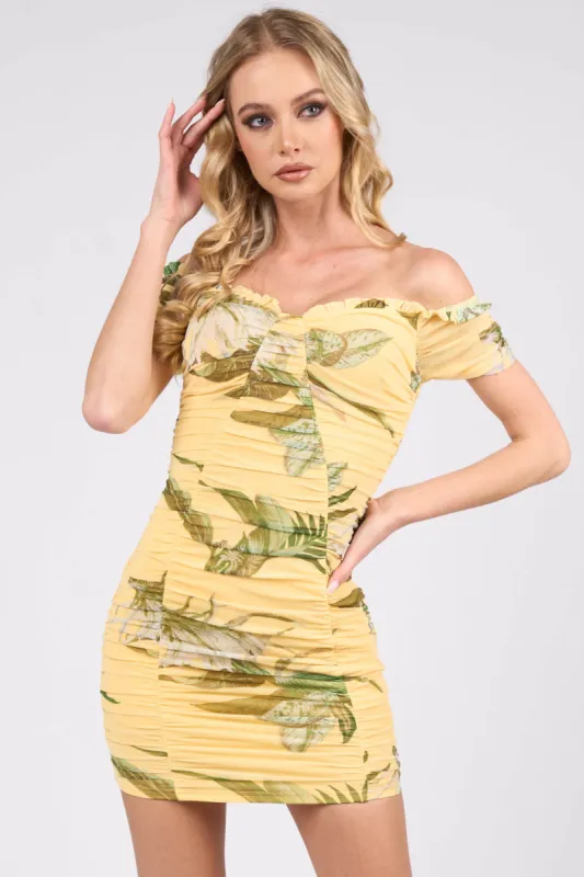 TROPICAL FLORAL MESH OFF SHOULDER MINI DRESS sold by privy