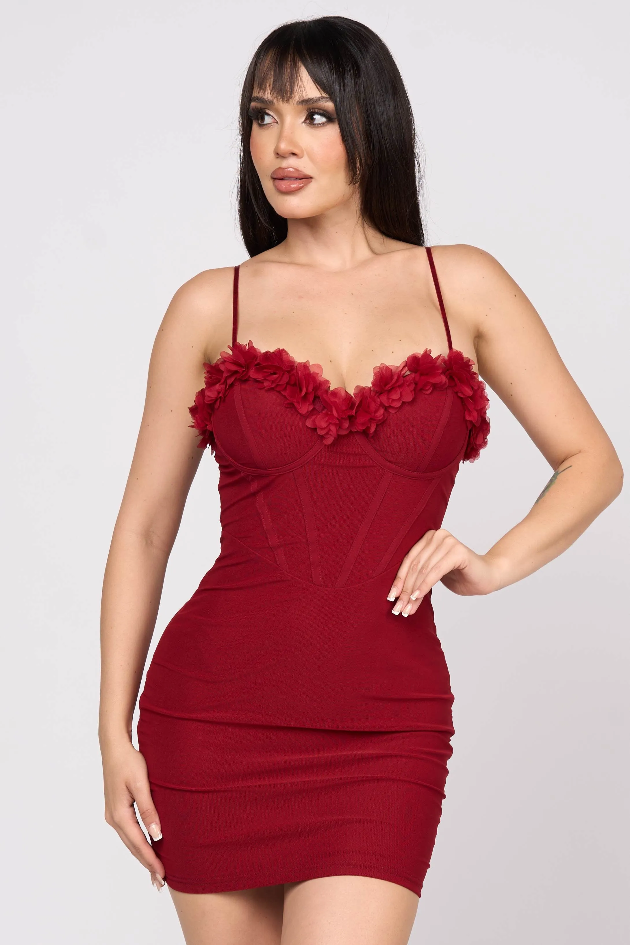 ROMANTIC TEXTURE FLOWER TRIM SWEETHEART MINI DRESS sold by privy