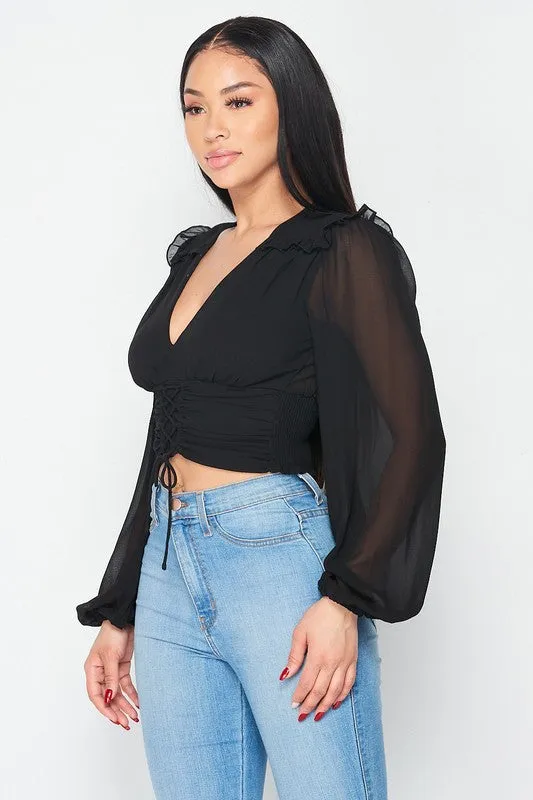 DEEP-V CRISS-CROSS TIE RUFFLE BELL SLEEVED TOP sold by privy product image thumbnail 3