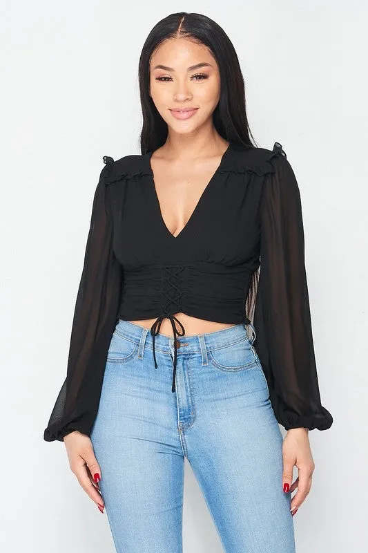 DEEP-V CRISS-CROSS TIE RUFFLE BELL SLEEVED TOP sold by privy