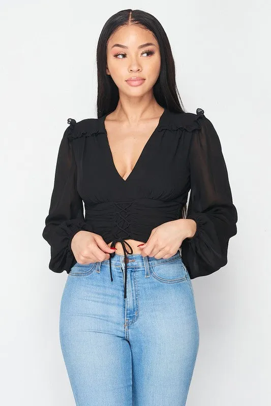 DEEP-V CRISS-CROSS TIE RUFFLE BELL SLEEVED TOP sold by privy product image thumbnail 2