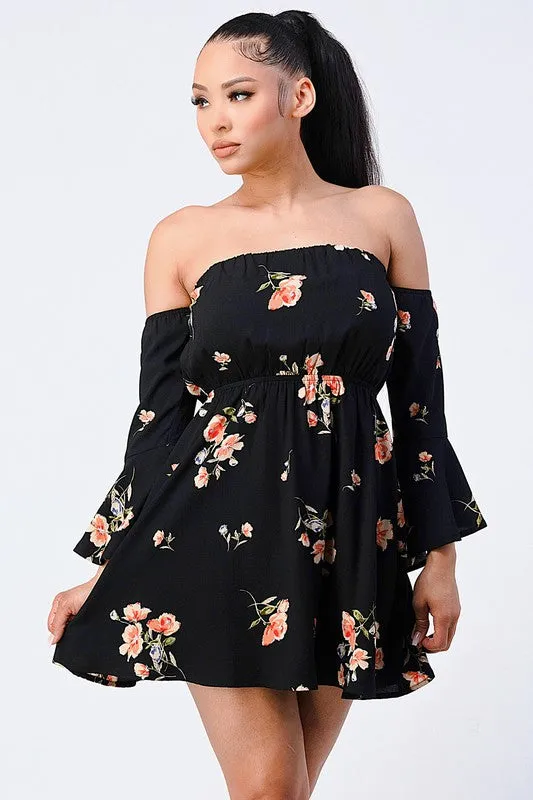 PD70399S-W / FLORAL OFF SHOULDER BELL SLEEVES MINI DRESS sold by privy