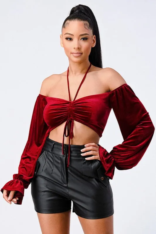 LUXE VELVET RUCHED HALTER NECK OFF SHOULDER TOP sold by privy