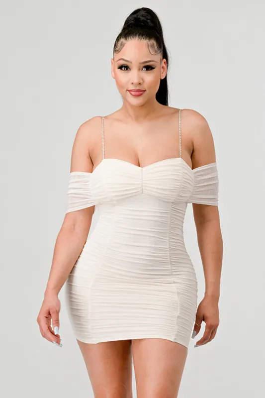 LUX ONION MESH RUCHED RHINESTONES STRAP MINI DRESS sold by privy