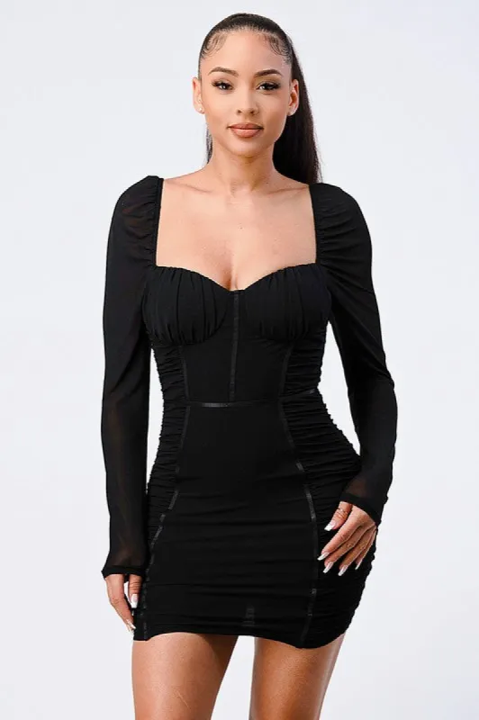 MESH STRETCH RUCHED SWEETHEART BODYCON DRESS sold by privy