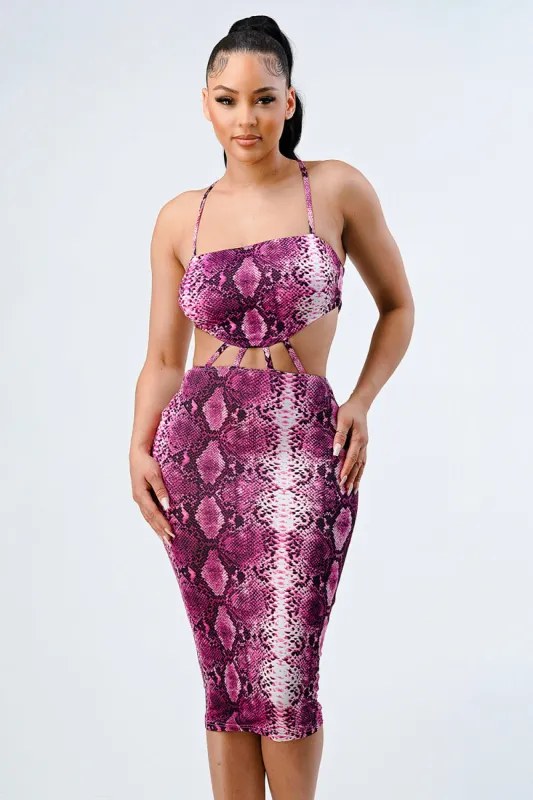 SEXY SNAKE PRINT CUT-OUT CROSSED BACK MIDI DRESS sold by privy