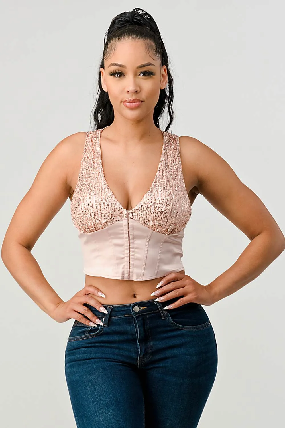LUX SEQUINS SWEETHEART SATIN CORSET CROPPED TOP sold by privy