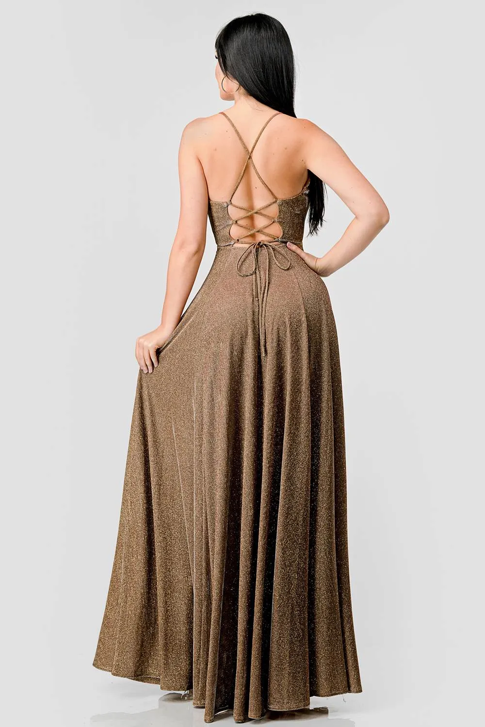 LUXE GLITTER DRAWSTRING LACE BACK EVENING DRESS sold by privy product image thumbnail 3