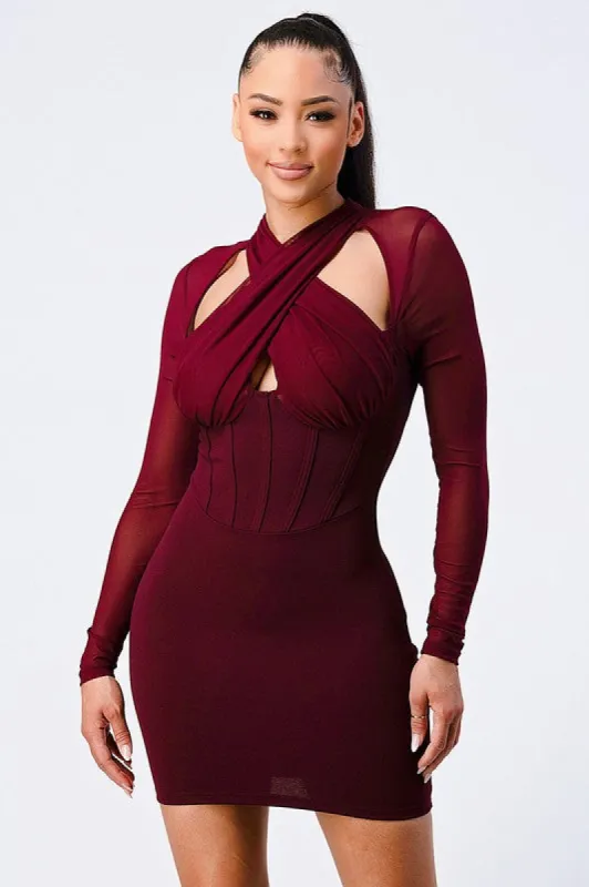 SHEER CROSS NECK CORSET WAIST CREPE MINI DRESS sold by privy