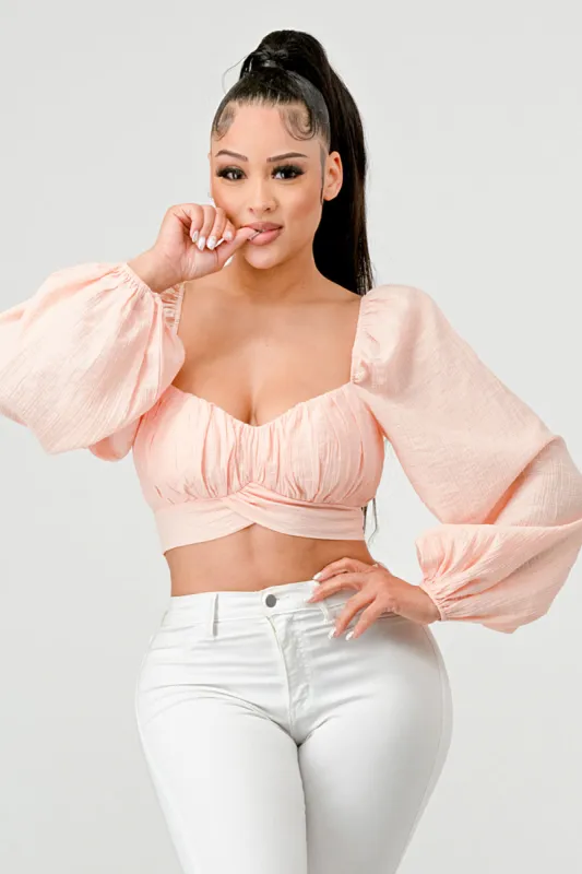 CRINKLED RUCHED SWEETHEART BACK TIE PEASANT TOP sold by privy