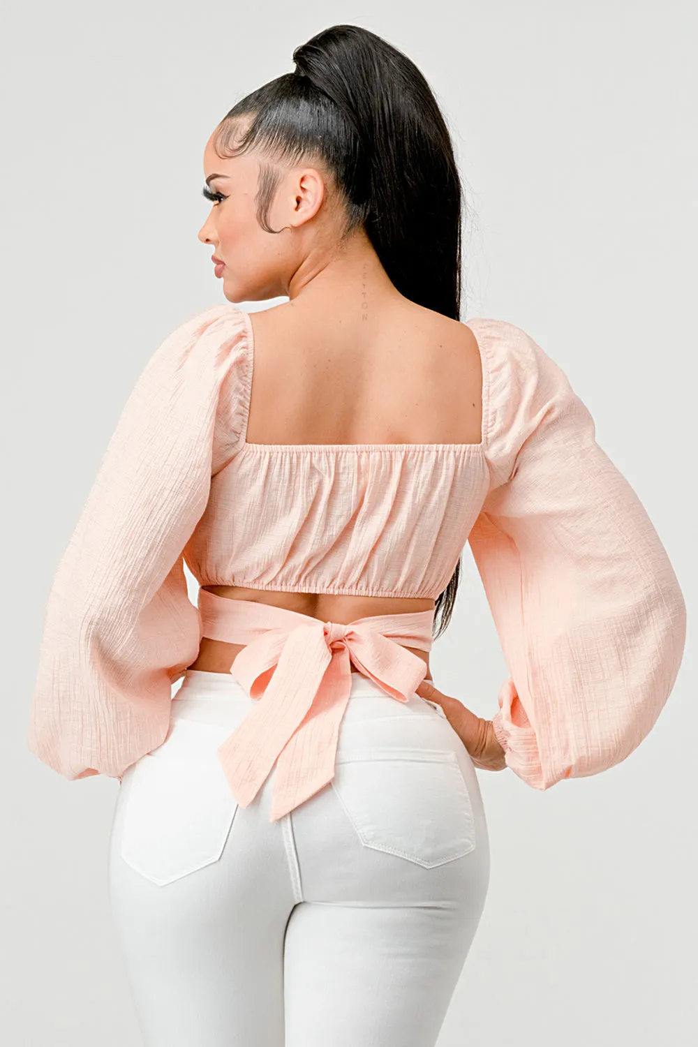 CRINKLED RUCHED SWEETHEART BACK TIE PEASANT TOP sold by privy product image thumbnail 3