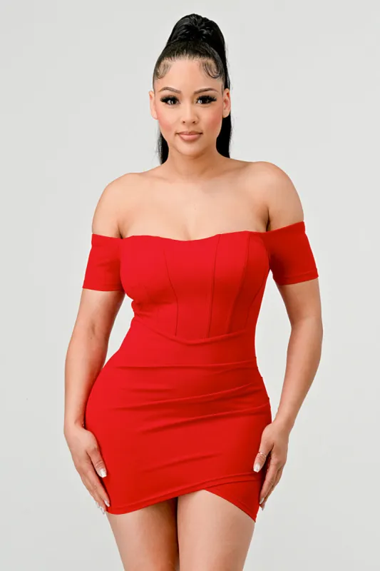 LUXE CREPE OFF SHOULDER CONTRAST WARP MINI DRESS sold by privy