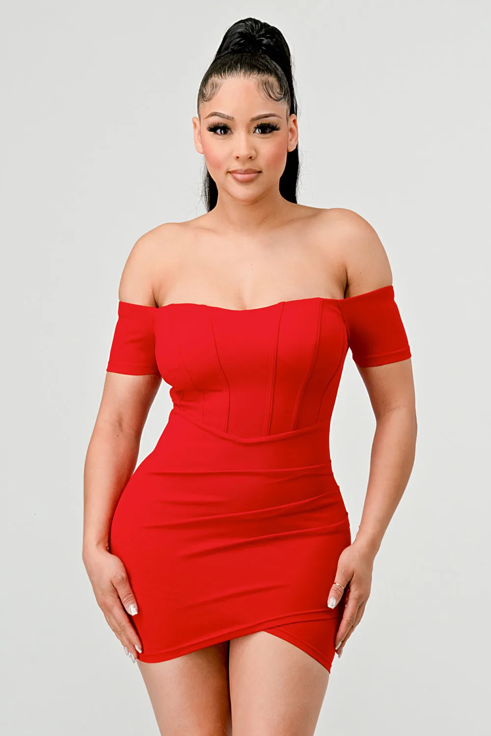 LUXE CREPE OFF SHOULDER CONTRAST WARP MINI DRESS sold by privy