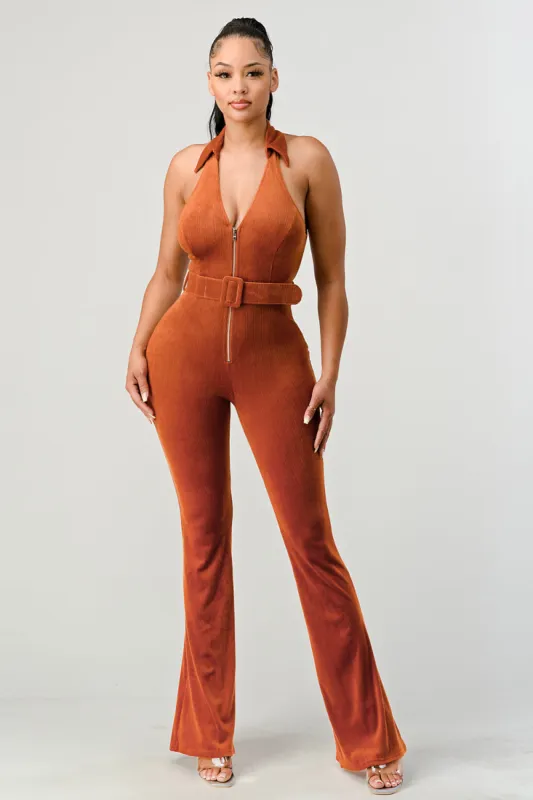 LUX CORDUROY BELTED COLLARED JUMPSUIT sold by privy