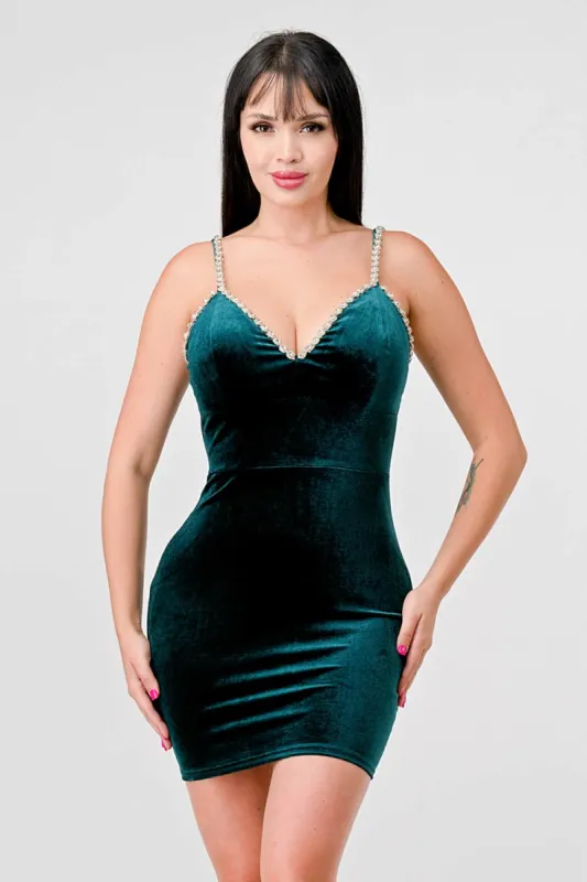 LUXE STRETCH VELVET RHINESTONE TRIM MINI DRESS sold by privy