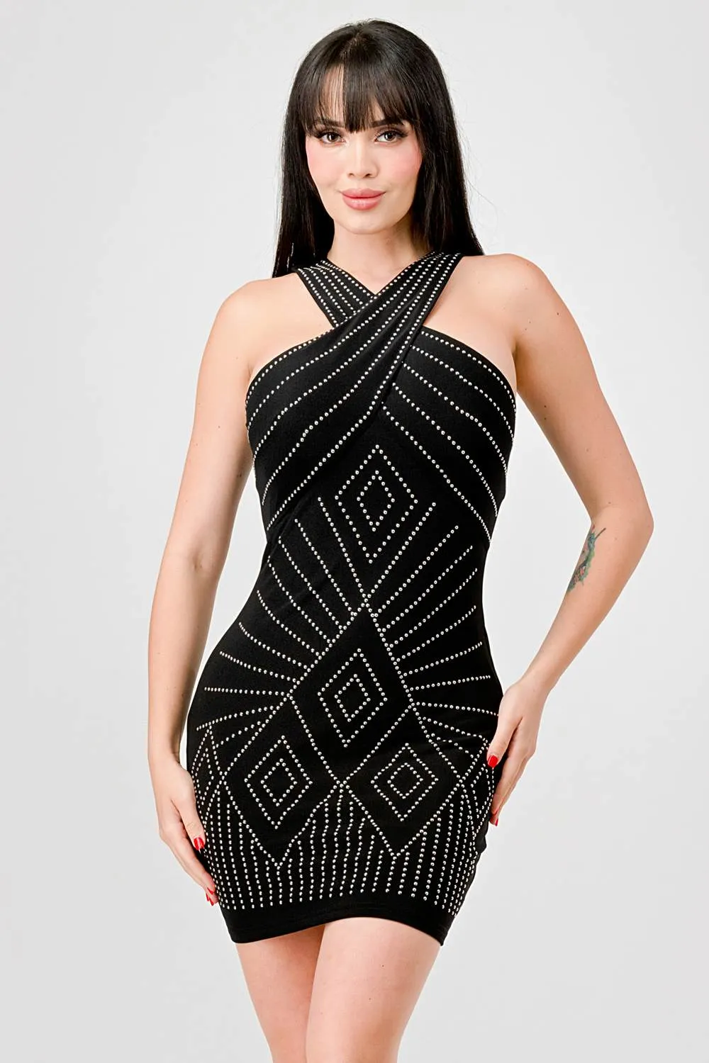 LUXE RHINESTONES MESH HALTER BODYCON MINI DRESS sold by privy