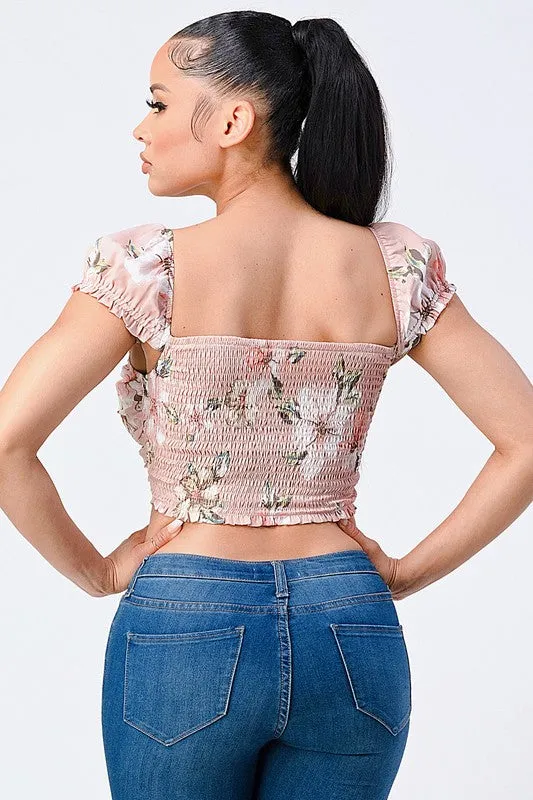 CHIC FLORAL CAP SLEEVE RING ZIP-UP CROPPED TOP sold by privy product image thumbnail 3