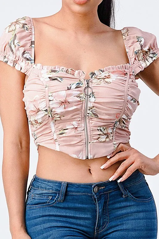 CHIC FLORAL CAP SLEEVE RING ZIP-UP CROPPED TOP sold by privy product image thumbnail 4